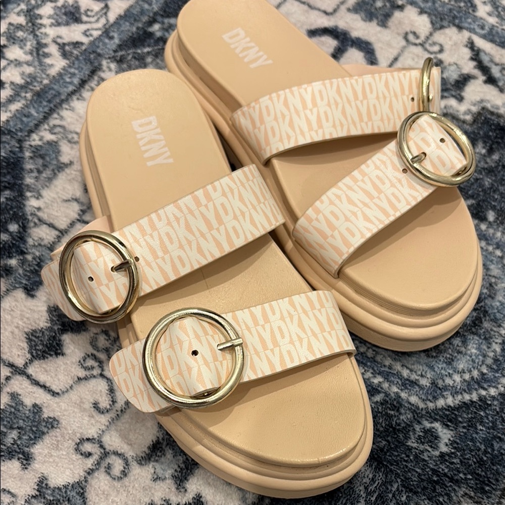 DKNY Girls Sandal Slides Neutral Adjustable Strap Buckles